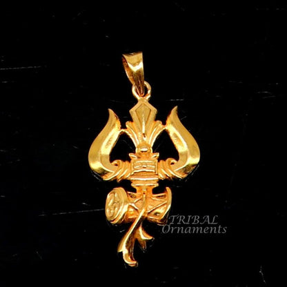 Sterling silver gold-polished Lord Shiva trident pendant from TRIBAL ORNAMENTS, featuring vintage design and customized jewelry details.