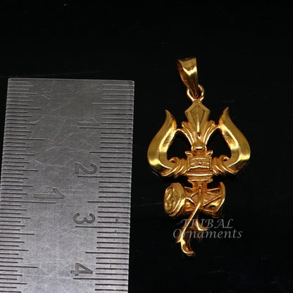 Sterling silver gold-polished Lord Shiva trident pendant with intricate vintage design, custom jewelry by TRIBAL ORNAMENTS.