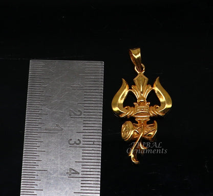 925 sterling silver and gold polished Lord Shiva trident pendant with intricate vintage design, ideal for customized jewelry.