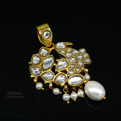 925 sterling silver gold-plated peacock pendant with red and green stone drops, stylish dangle jewelry by TRIBAL ORNAMENTS