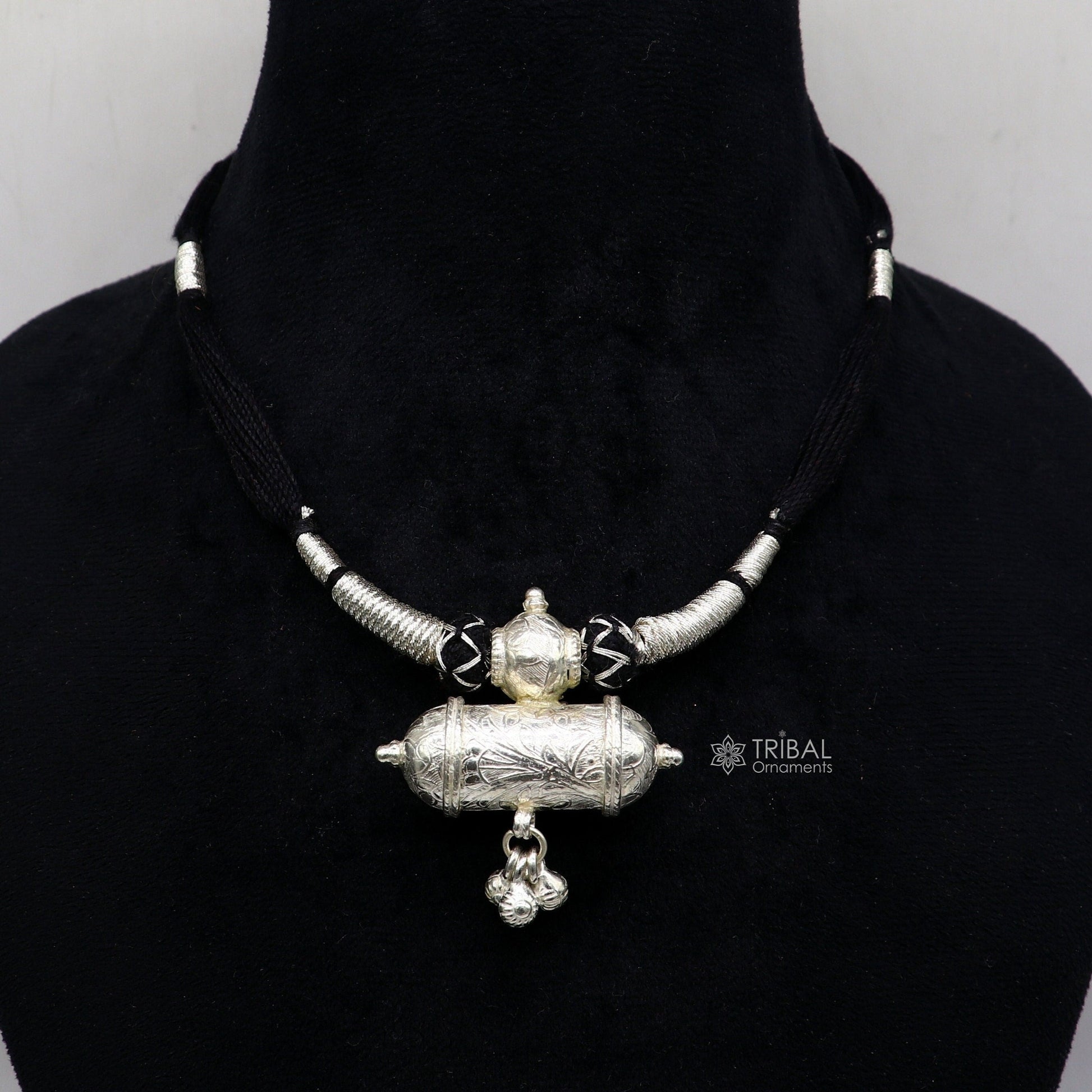 925 sterling silver tribal amulet pendant with ethnic necklace and back thread knot, cultural jewelry set by TRIBAL ORNAMENTS