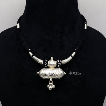 925 sterling silver tribal amulet pendant with ethnic necklace and back thread knot, cultural jewelry set by TRIBAL ORNAMENTS