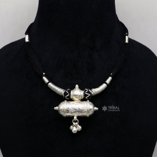 925 sterling silver tribal amulet pendant with ethnic necklace and back thread knot, cultural jewelry set by TRIBAL ORNAMENTS