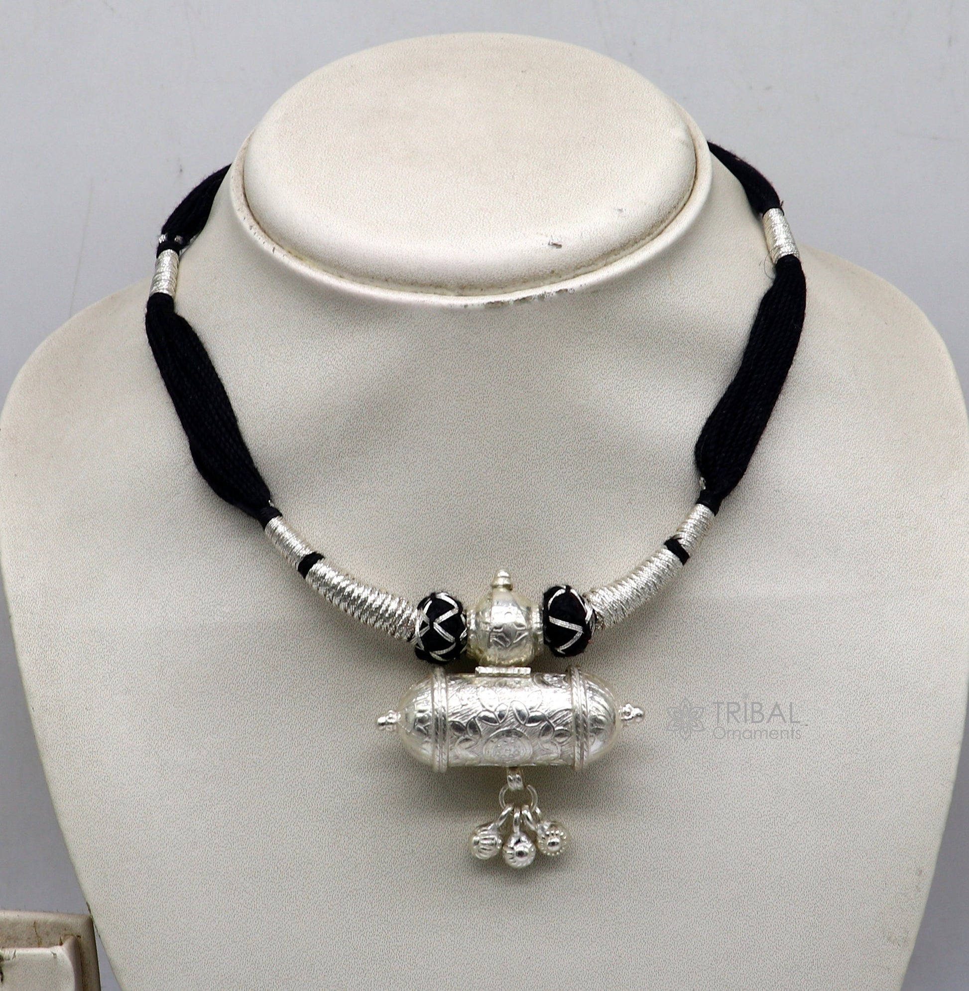 925 sterling silver tribal amulet pendant on ethnic necklace with adjustable back knot, cultural jewelry set by TRIBAL ORNAMENTS