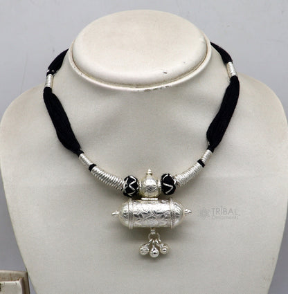 925 sterling silver tribal amulet pendant on ethnic necklace with adjustable back knot, cultural jewelry set by TRIBAL ORNAMENTS