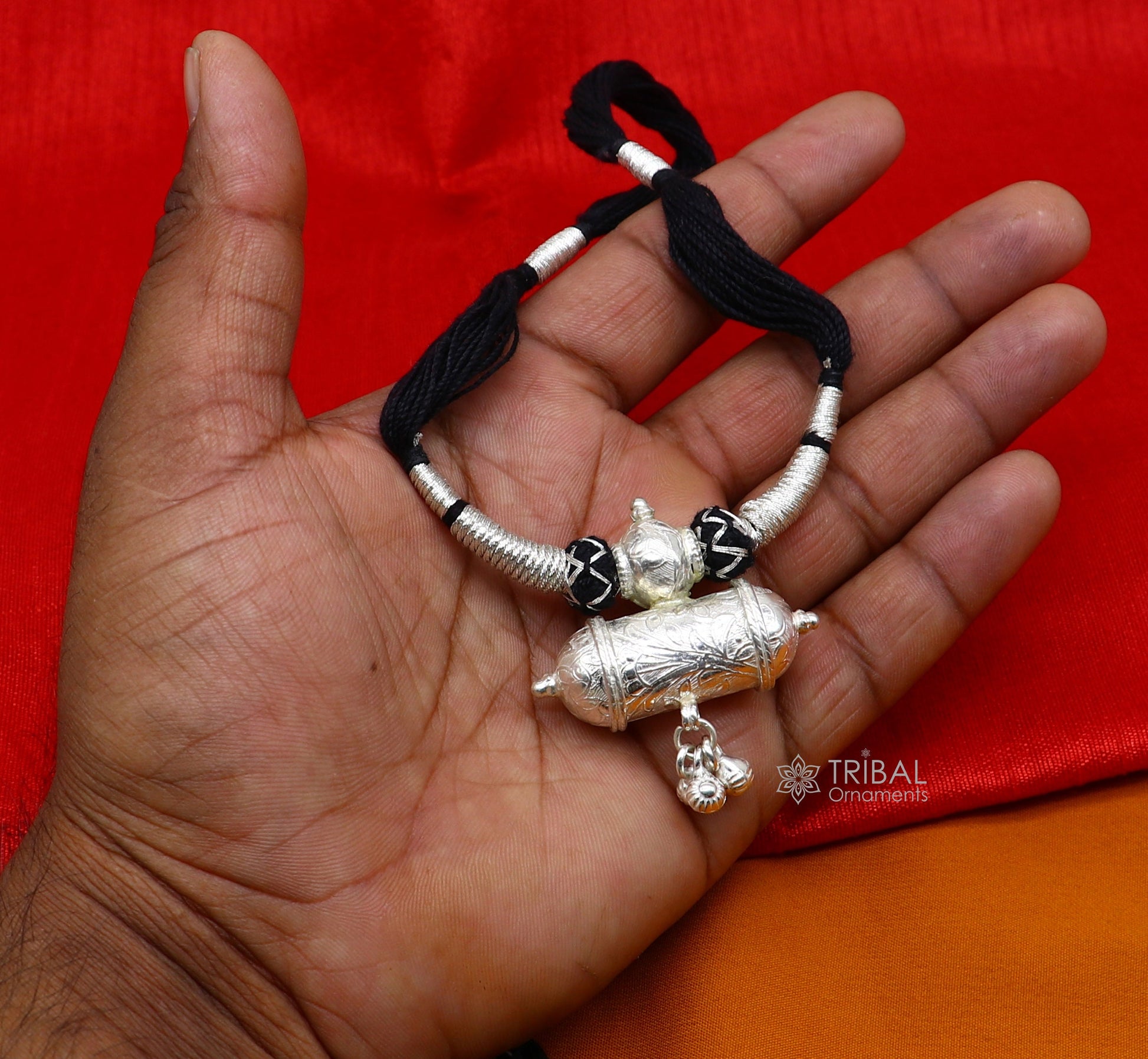 925 sterling silver tribal amulet pendant on ethnic necklace with adjustable back thread knot, cultural jewelry set by TRIBAL ORNAMENTS