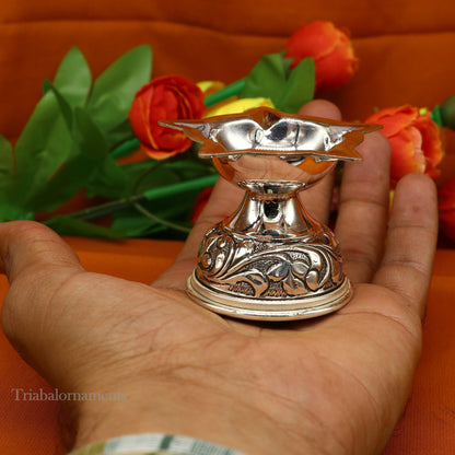925 sterling silver oil lamp with intricate chitai and kandrai work, traditional silver Deepak for Diwali puja rituals.