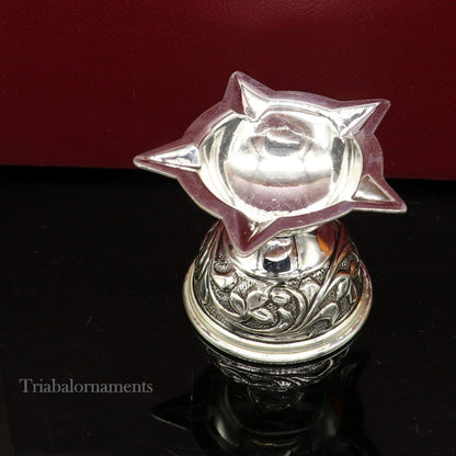 925 sterling silver oil lamp with intricate chitai and kandrai work, traditional silver Deepak for Diwali puja ceremonies.
