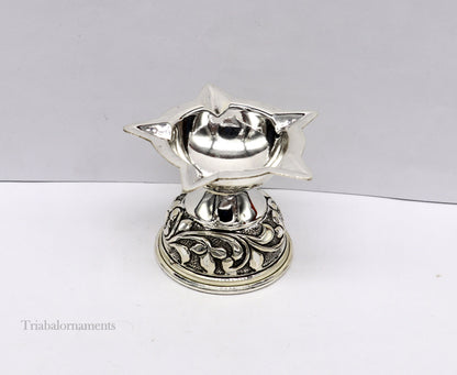 925 sterling silver oil lamp with intricate chitai and kandrai work, traditional Deepak for Diwali puja and temple decoration.