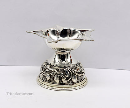 925 sterling silver oil lamp with intricate chitai and kandrai work, traditional Deepak design for Diwali puja rituals.