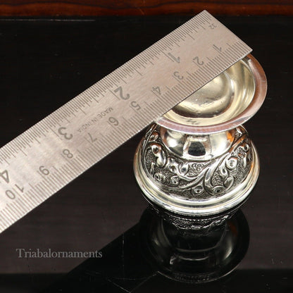 Sterling silver oil lamp with intricate chitai and kandrai work, traditional Diwali Deepak for puja, crafted by Tribal Ornaments.