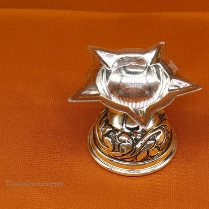 925 sterling silver oil lamp with intricate chitai and kandrai work, traditional silver Deepak for Diwali puja rituals.