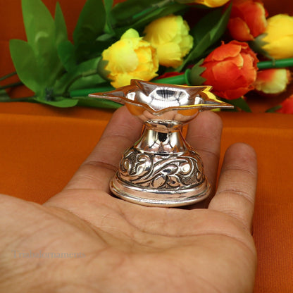 925 sterling silver oil lamp with intricate chitai and kandrai work, traditional Deepak for Diwali puja and temple decoration.