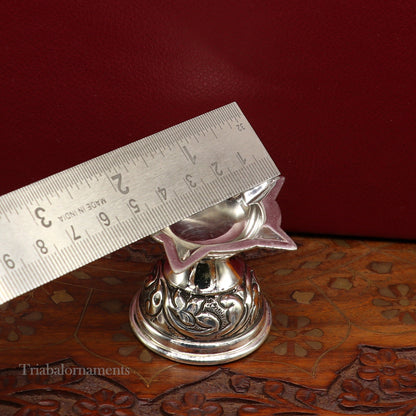 925 sterling silver oil lamp with intricate chitai and kandrai work, traditional silver Deepak for Diwali puja.