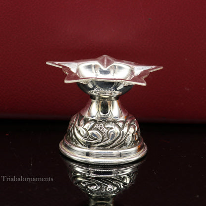 925 sterling silver oil lamp with intricate chitai and kandrai work, traditional Deepak for Diwali puja, crafted by TRIBAL ORNAMENTS