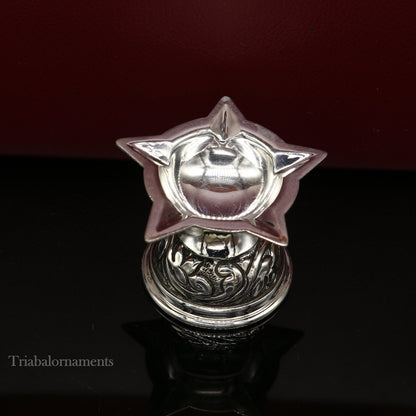 Sterling silver oil lamp with intricate chitai and kandrai work, ideal for Diwali puja and temple decor, by TRIBAL ORNAMENTS.