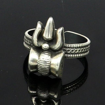 925 sterling silver Lord Shiva Trident ring with adjustable band, unisex jewelry featuring a detailed Trushul design.