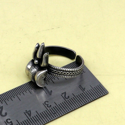Sterling silver Lord Shiva Trident ring with adjustable band, unisex jewelry featuring customized Trishul design by Tribal Ornaments