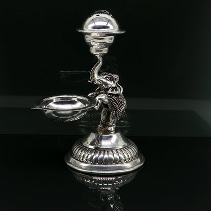 925 sterling silver handcrafted elephant oil lamp and incense stick holder, traditional puja utensil from TRIBAL ORNAMENTS