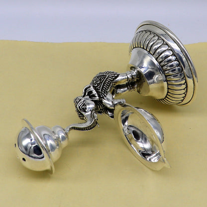 Sterling silver handcrafted elephant-shaped oil lamp and incense stick holder, traditional puja utensil from Tribal Ornaments.