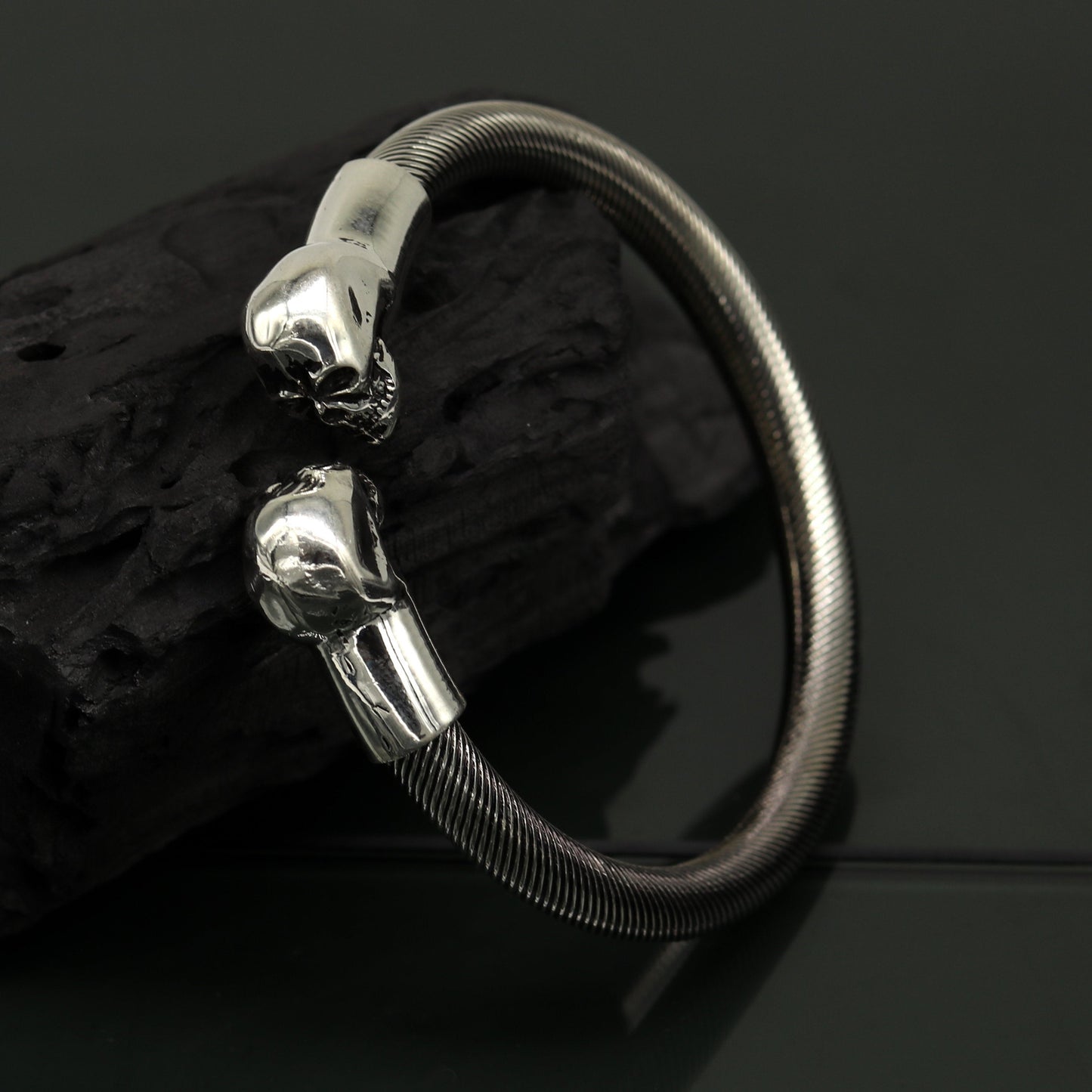 Sterling silver hip-hop skull design bangle bracelet, unisex tribal jewelry with personalized engraving, stylish and bold accessory.
