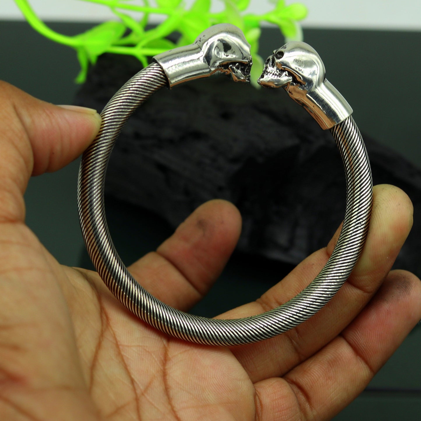 Sterling silver hip-hop skull design bangle bracelet by Tribal Ornaments, unisex cuff jewelry with personalized engraving.