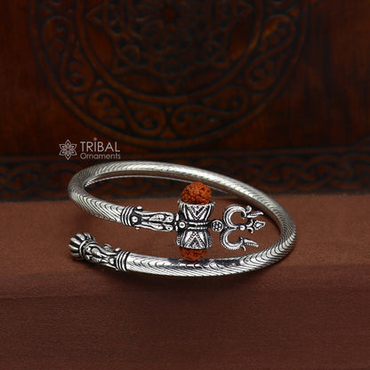 Sterling silver Lord Shiva trishool bangle bracelet with natural Rudraksha beads, antique tribal jewelry by Tribal Ornaments.