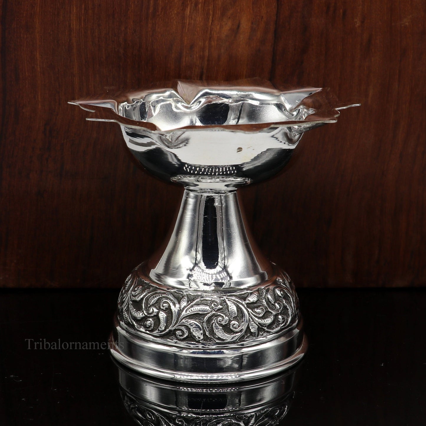 925 sterling silver gorgeous nakshi work floral design oil lamp, silver Deepak, silver temple article, puja utensils art su477 - TRIBAL ORNAMENTS