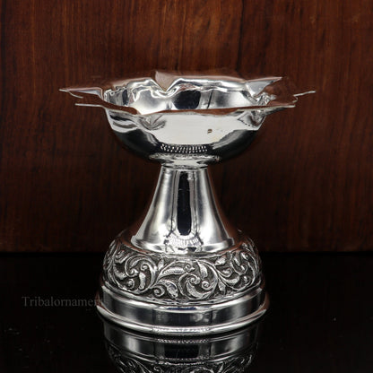 925 sterling silver Nakshi floral oil lamp by TRIBAL ORNAMENTS, traditional deepak for puja and temple rituals, silver temple article.