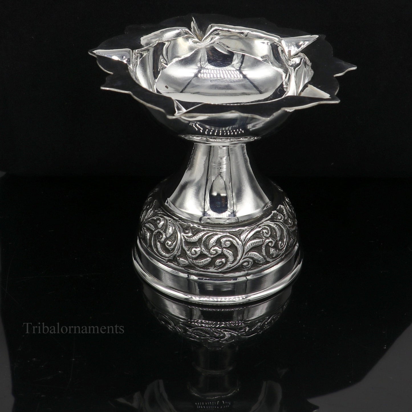 925 sterling silver gorgeous nakshi work floral design oil lamp, silver Deepak, silver temple article, puja utensils art su477 - TRIBAL ORNAMENTS