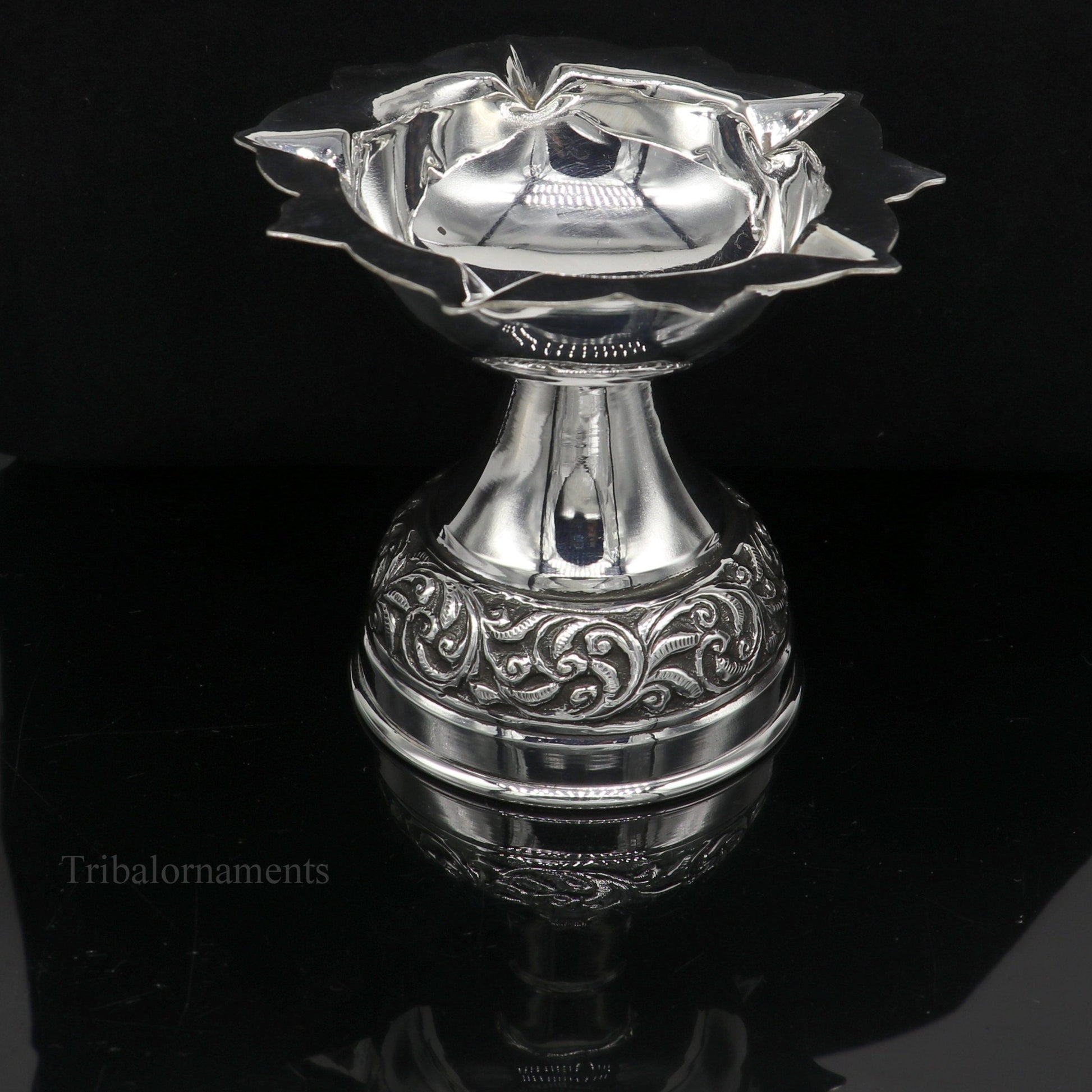 925 sterling silver gorgeous nakshi work floral design oil lamp, silver Deepak, silver temple article, puja utensils art su477 - TRIBAL ORNAMENTS