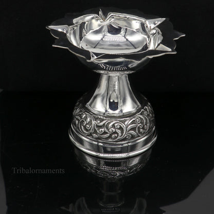 925 Sterling silver Nakshi work floral oil lamp, decorative silver Deepak for puja, temple, and ritual use by Tribal Ornaments