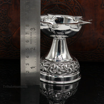 925 sterling silver Nakshi work floral oil lamp, decorative silver Deepak for puja, temple, and home ceremonial use.