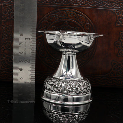 Sterling silver Nakshi floral oil lamp by Tribal Ornaments, traditional Deepak for puja and temple decoration, silver temple article.