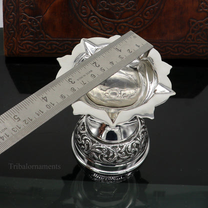 925 sterling silver floral Nakshi work oil lamp, traditional Deepak for puja, crafted by TRIBAL ORNAMENTS.