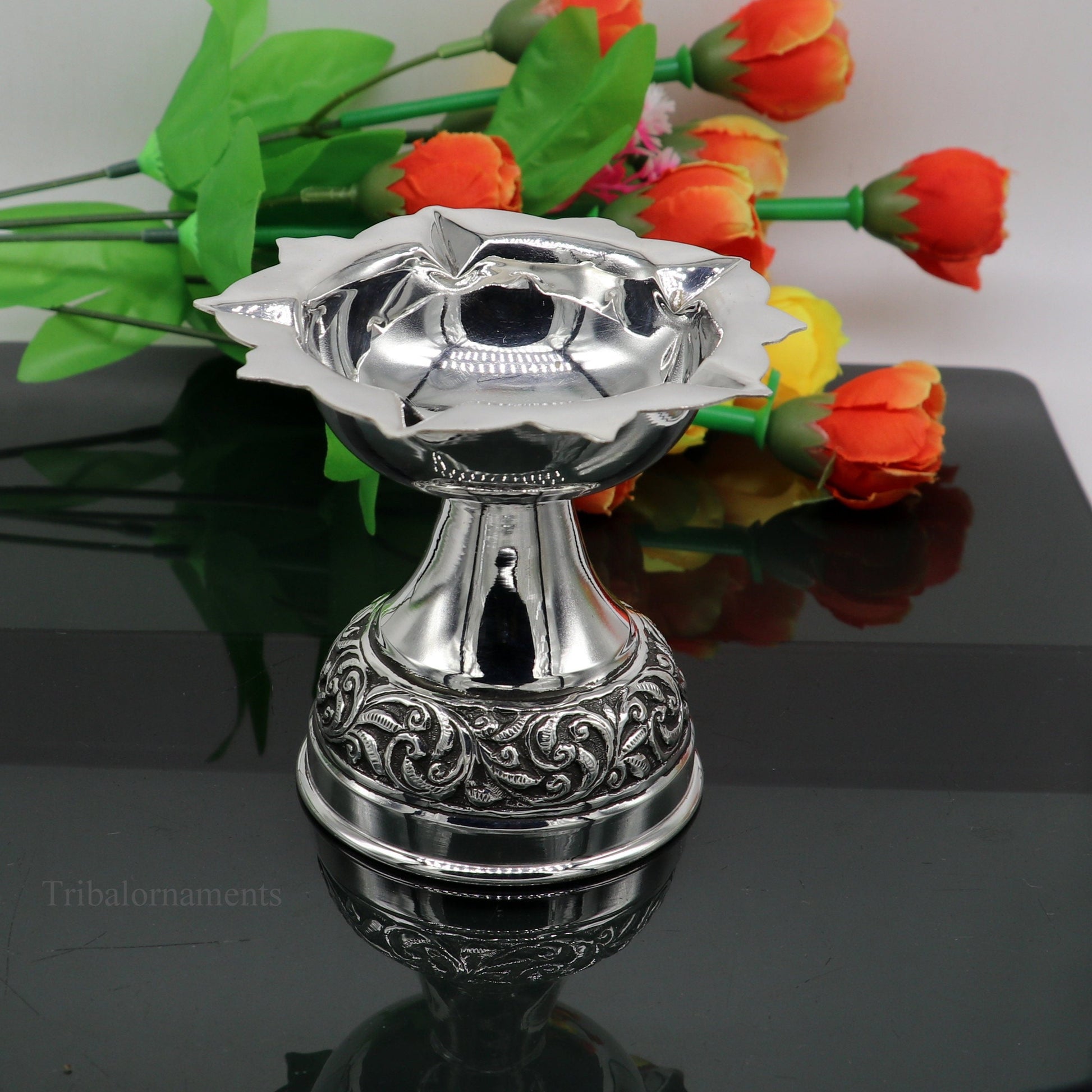925 sterling silver gorgeous nakshi work floral design oil lamp, silver Deepak, silver temple article, puja utensils art su477 - TRIBAL ORNAMENTS