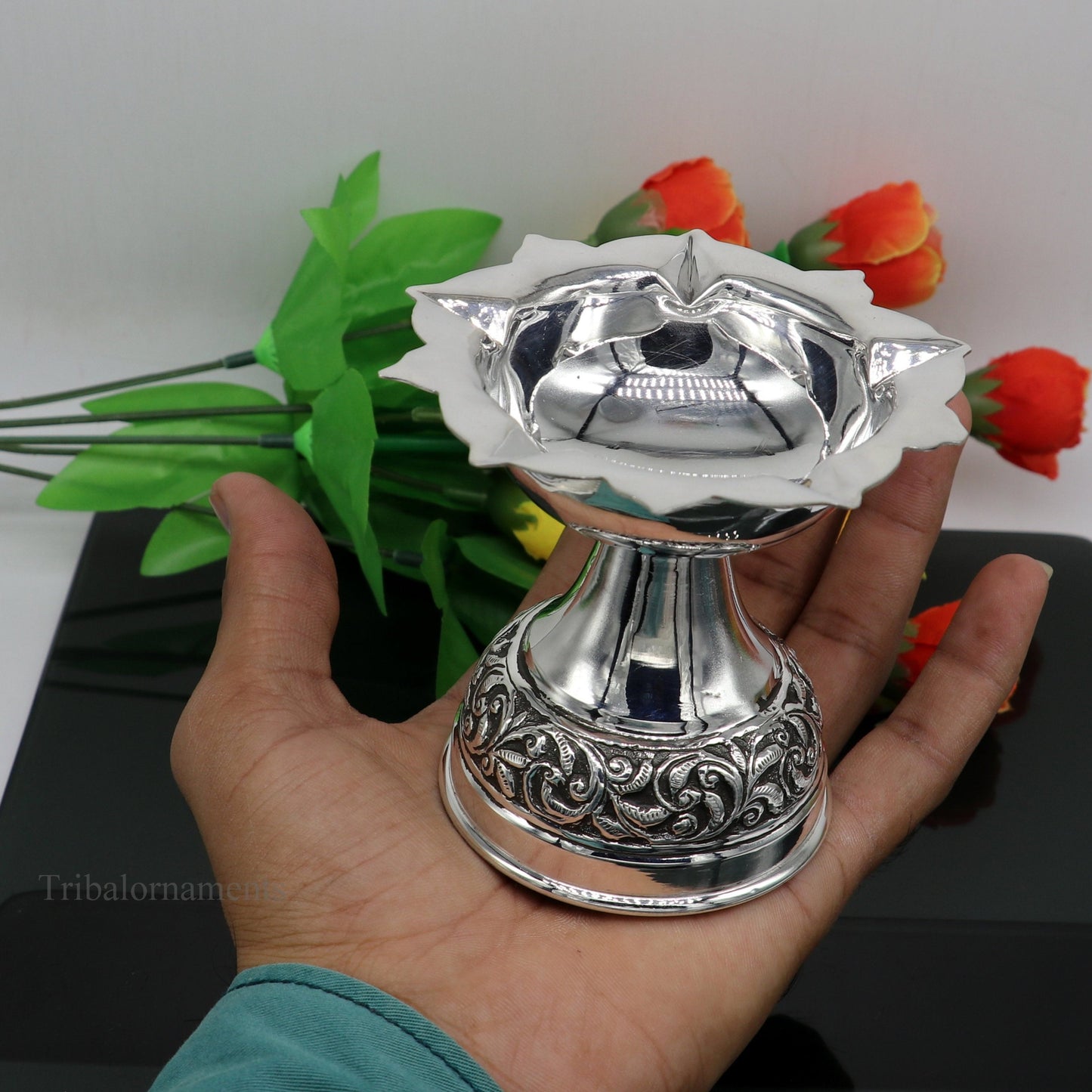925 sterling silver gorgeous nakshi work floral design oil lamp, silver Deepak, silver temple article, puja utensils art su477 - TRIBAL ORNAMENTS