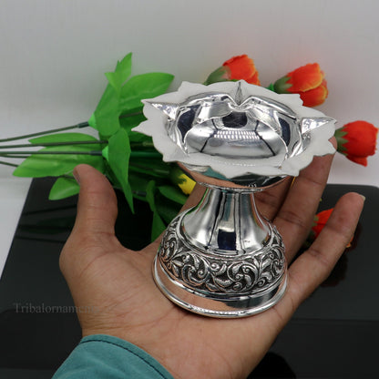 925 sterling silver nakshi work floral oil lamp, traditional Deepak with intricate design, ideal for puja and temple rituals.
