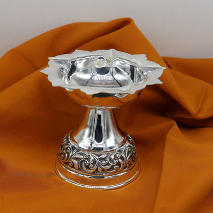 925 sterling silver Nakshi work floral design oil lamp, decorative silver Deepak for puja and temple rituals, tribal ornaments art.