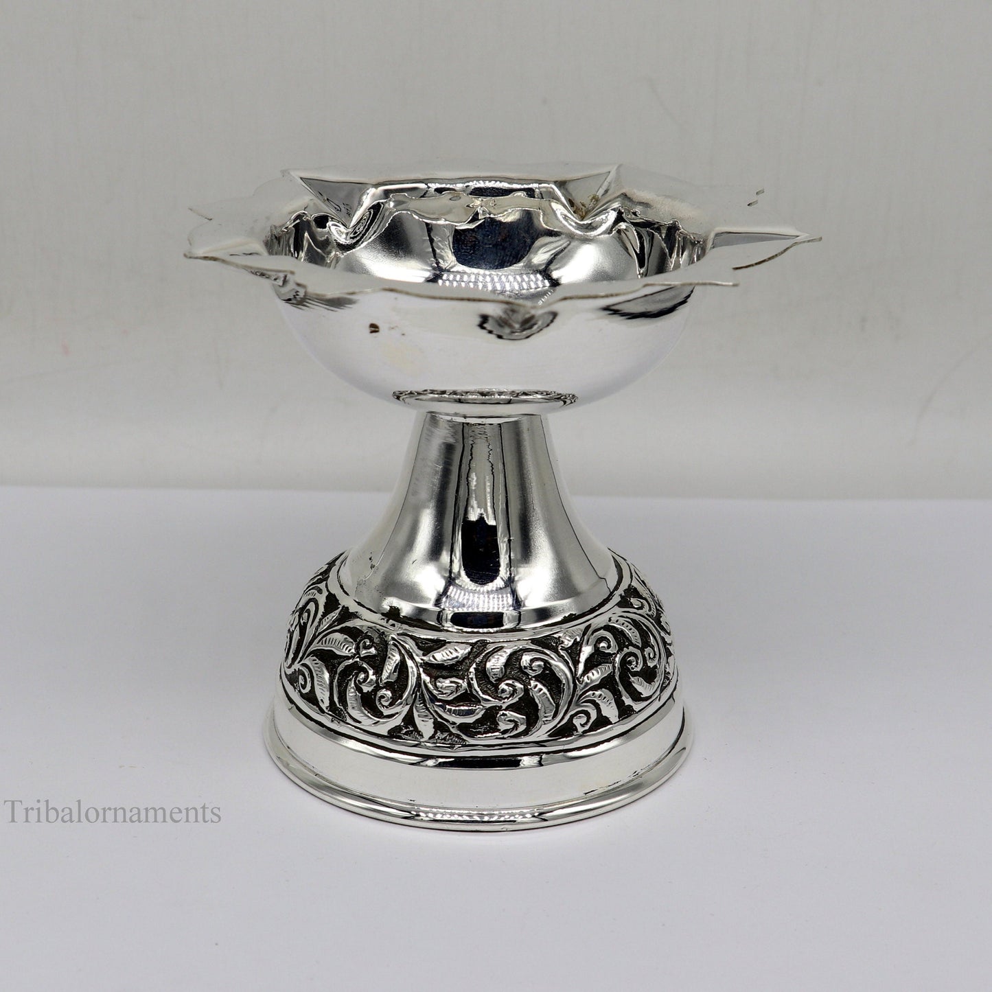 925 sterling silver gorgeous nakshi work floral design oil lamp, silver Deepak, silver temple article, puja utensils art su477 - TRIBAL ORNAMENTS