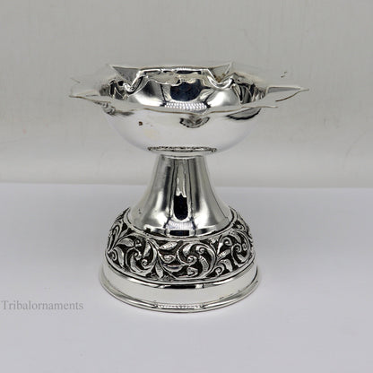 925 sterling silver Nakshi work floral oil lamp, deepak, temple article, traditional puja utensil with intricate silver design.
