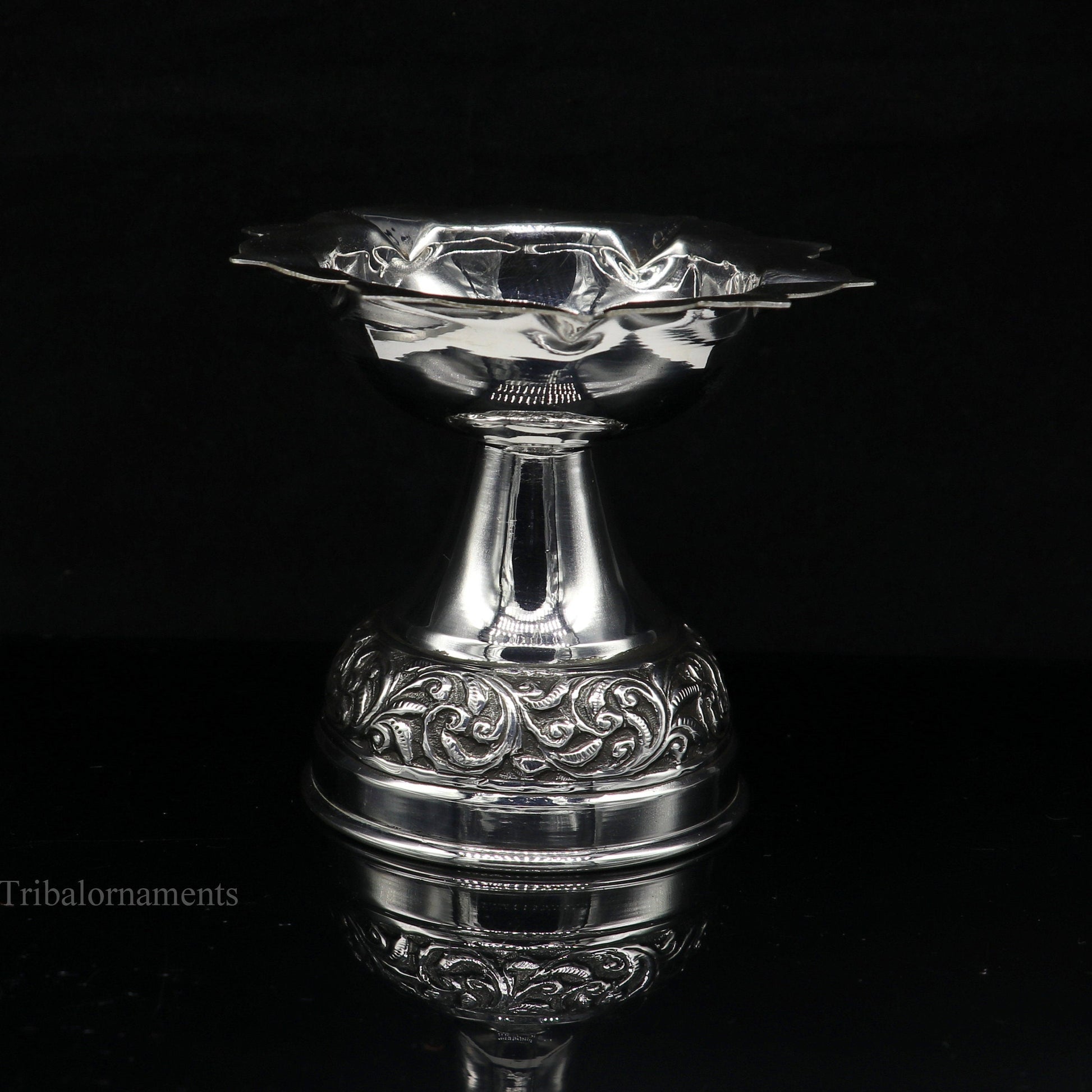 925 sterling silver gorgeous nakshi work floral design oil lamp, silver Deepak, silver temple article, puja utensils art su477 - TRIBAL ORNAMENTS