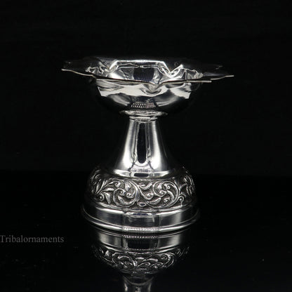 925 sterling silver nakshi floral design oil lamp, traditional deepak for puja, crafted by TRIBAL ORNAMENTS.