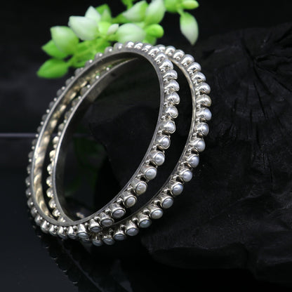 925 sterling silver gorgeous pearl bangle bracelet, fabulous oxidized customized bridal gifting stunning bangle jewelry from India ba105 - TRIBAL ORNAMENTS