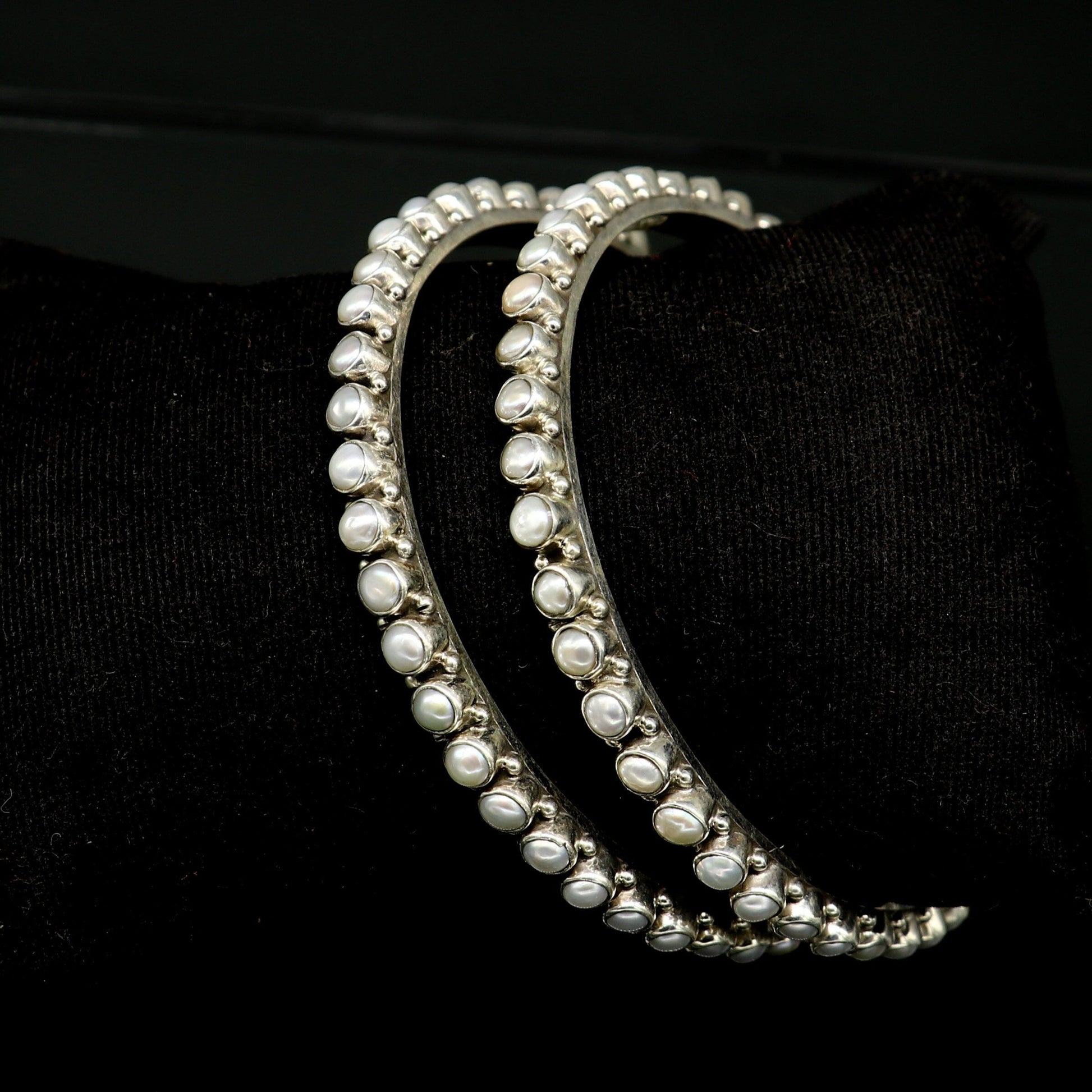 925 sterling silver gorgeous pearl bangle bracelet, fabulous oxidized customized bridal gifting stunning bangle jewelry from India ba105 - TRIBAL ORNAMENTS