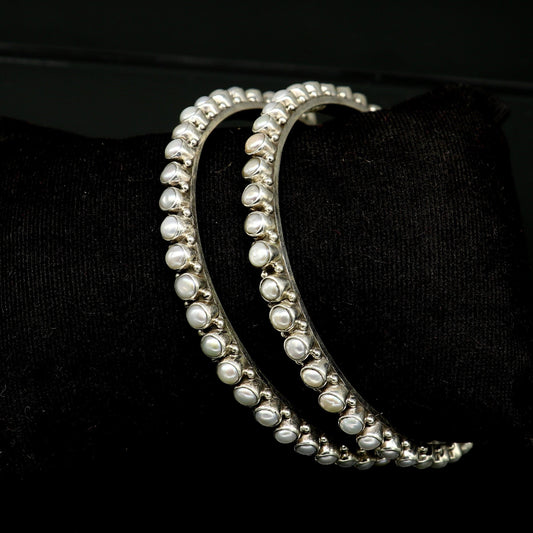 925 sterling silver gorgeous pearl bangle bracelet, fabulous oxidized customized bridal gifting stunning bangle jewelry from India ba105 - TRIBAL ORNAMENTS