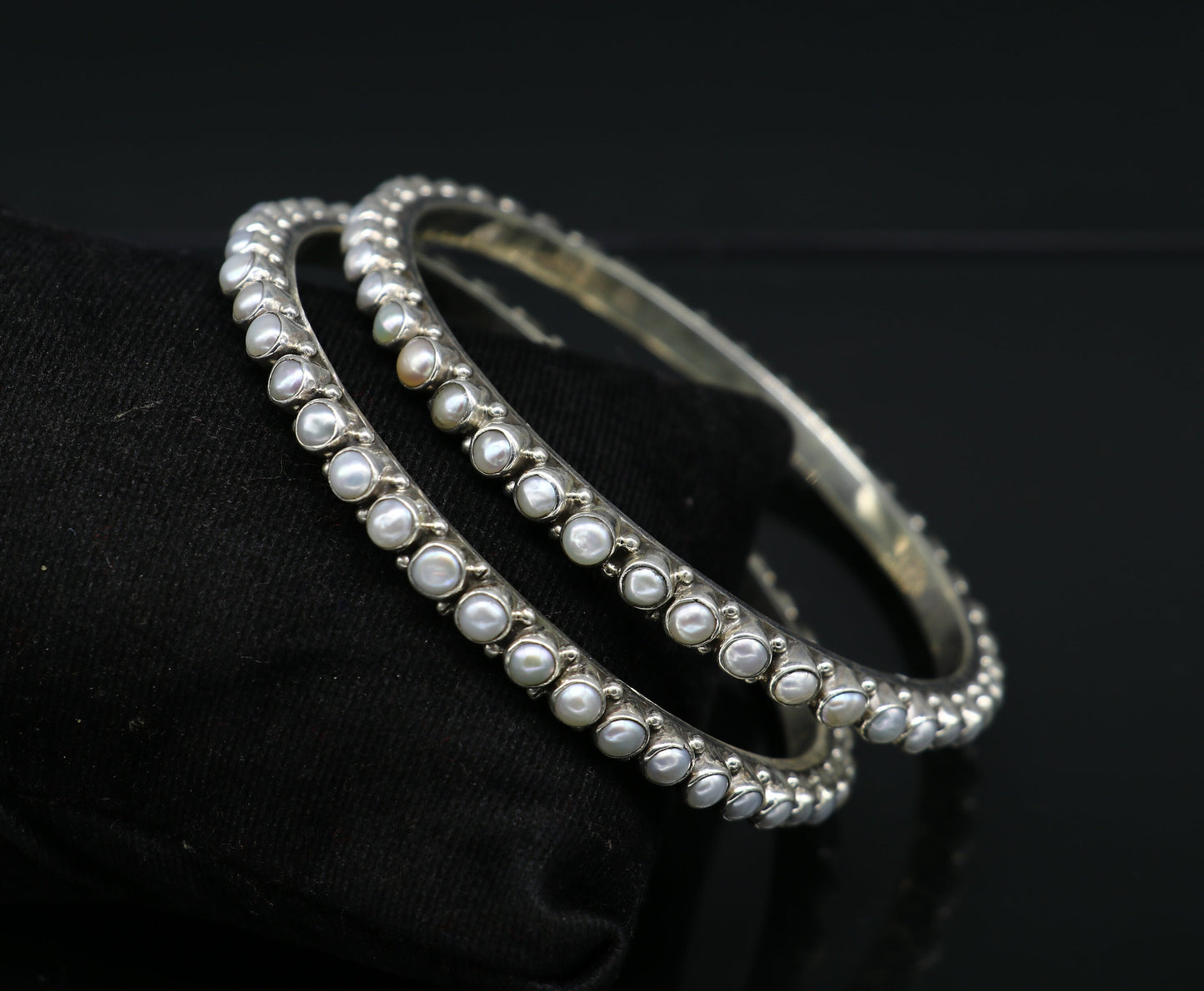 925 sterling silver gorgeous pearl bangle bracelet, fabulous oxidized customized bridal gifting stunning bangle jewelry from India ba105 - TRIBAL ORNAMENTS