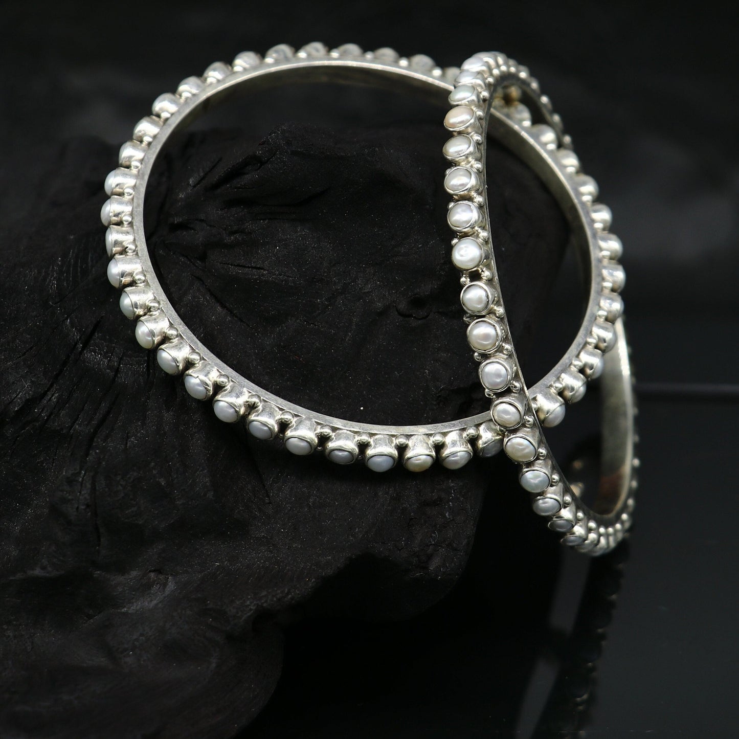 925 sterling silver gorgeous pearl bangle bracelet, fabulous oxidized customized bridal gifting stunning bangle jewelry from India ba105 - TRIBAL ORNAMENTS