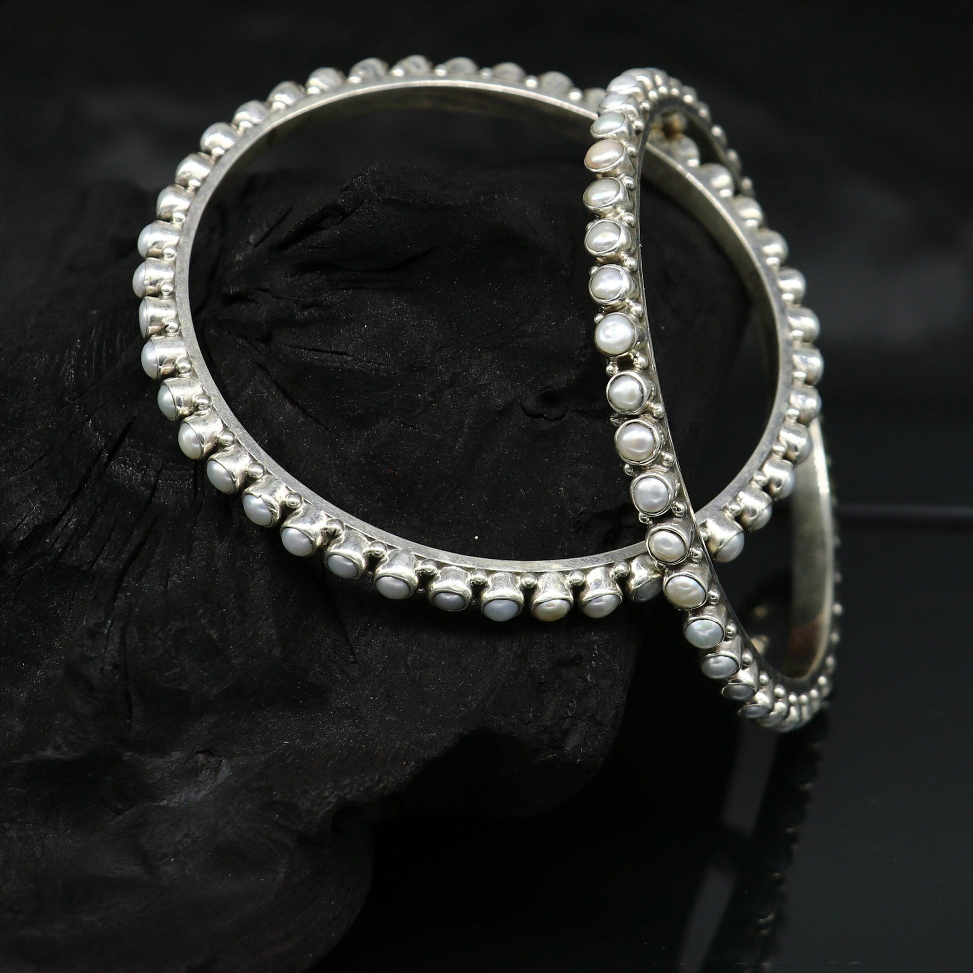 925 sterling silver gorgeous pearl bangle bracelet, fabulous oxidized customized bridal gifting stunning bangle jewelry from India ba105 - TRIBAL ORNAMENTS