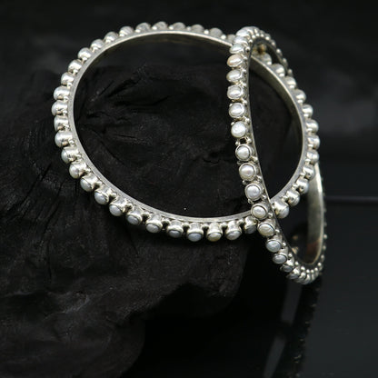 925 sterling silver gorgeous pearl bangle bracelet, fabulous oxidized customized bridal gifting stunning bangle jewelry from India ba105 - TRIBAL ORNAMENTS